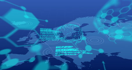 Image of human brain and digital data processing over map of europe background