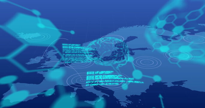 Image of human brain and digital data processing over map of europe background - Powered by Adobe
