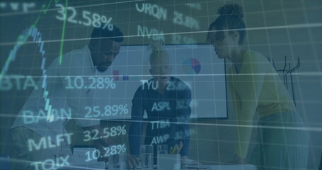 Image of data processing over diverse male and female colleagues discussing at casual meeting