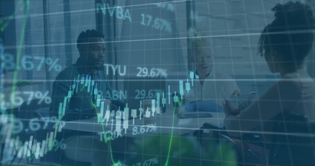 Image of data processing over diverse male and female colleagues discussing at casual meeting