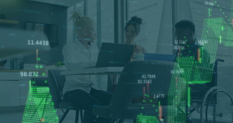 Image of graph and data processing over diverse male and female colleagues at casual meeting