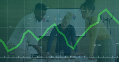 Image of graphs processing data over diverse male and female colleagues at casual meeting