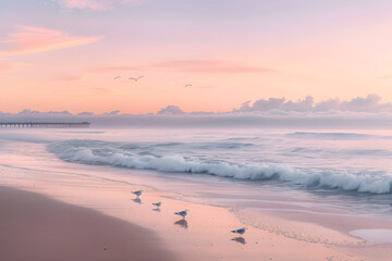 Dawn's Gentle Embrace: A Serene Coastal Landscape with Pier and Seagulls in Soft Pastel Sunrise