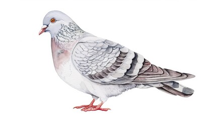 Obraz premium A plump pigeon struts confidently in a cute watercolor illustration, depicted in kawaii fashion, isolated on a white background