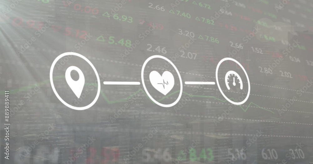 Poster Image of network of gps, health and data loading icons over processing data
