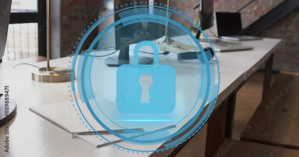 Poster image of digital padlock icon and data processing over desks in office