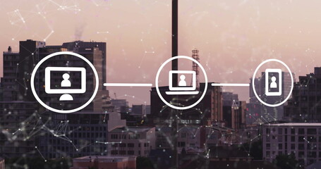 Image of network of digital media icons over modern cityscape