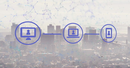 Image of network of digital media icons over large communication network and cityscape