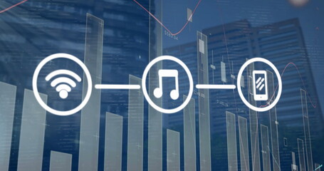 Image of network of wifi and media icons over data processing and modern cityscape