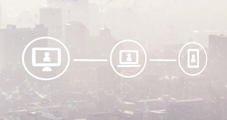 Image of network of digital media icons over large communication network and cityscape