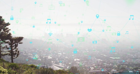 Image of network of media and security icons over modern cityscape