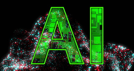 Image of ai text and glowing connections on black background