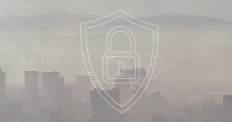 Image of padlock and shield icon over modern cityscape