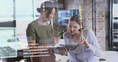 Image of screens and data processing over diverse business people in office