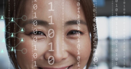 Image of digital icons, binary coding data processing over asian businesswoman in office