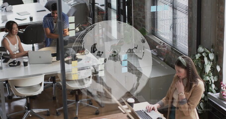 Image of globe and data processing over caucasian businesswoman in office