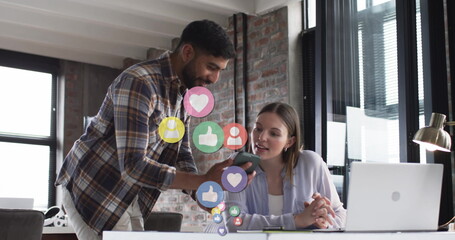 Image of digital icons and data processing over diverse business people in office