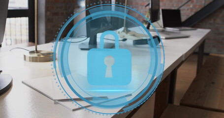 Image of digital padlock icon and data processing over desks in office