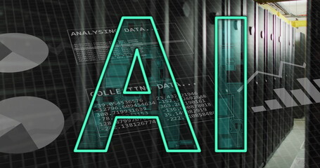 Image of ai text and data processing over computer servers