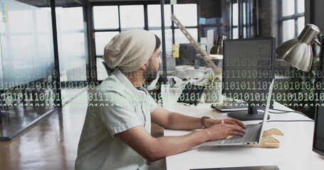 Image of binary coding and data processing over biracial businessman in office