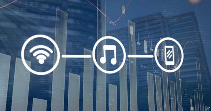 Image of network of wifi and media icons over data processing and modern cityscape
