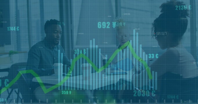 Image of graphs processing data over diverse male and female colleagues at casual meeting