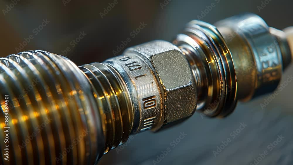 Poster a side view of a spark plug displaying its cylindrical shape and multiple layers of metallic casing.