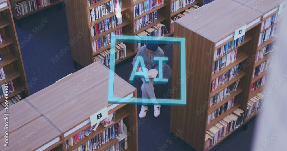 Poster image of ai text and data processing over biracial girl learning in library