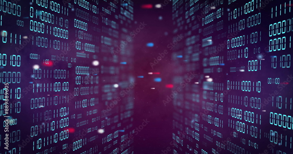 Poster image of colourful spots over data processing on black background