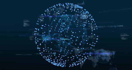 Image of globe over data processing on black background
