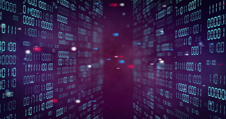 Image of colourful spots over data processing on black background