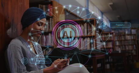 Image of ai text and data over biracial female student using smartphone