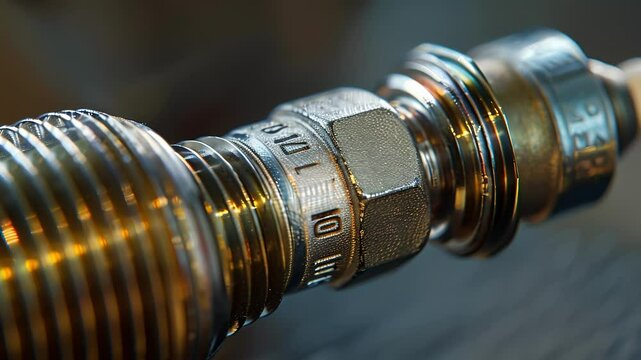 A side view of a spark plug displaying its cylindrical shape and multiple layers of metallic casing. Tiny numbers and symbols are etched onto the side denoting its specifications.