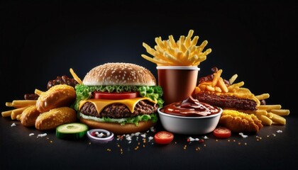 Delicious Fast Food Feast: Cheese Burger,Fries,and More