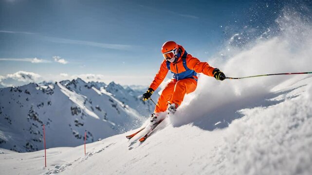 Skier Descending a Snowy Mountain