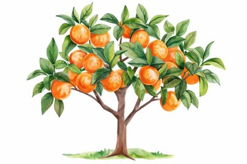 An orange tree laden with fruit in a warm watercolor palette, isolate on white background