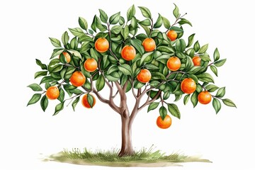 An orange tree laden with fruit in a warm watercolor palette, isolate on white background