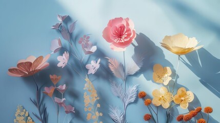 ethereal papercut spring flowers floating on pastel backdrop soft shadows