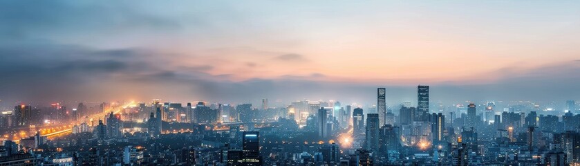 Fototapeta premium City skyline at night from an elevated point, with lights illuminating various aspects, View, Point