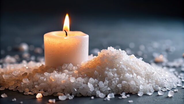 Close up of salt crystals and glowing candle, representing the concept of being the salt of the earth and the light of the world