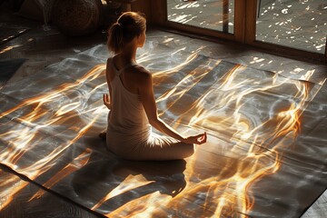 Woman Meditating on a Yoga Mat With Sunbeams Streaming Through a Window