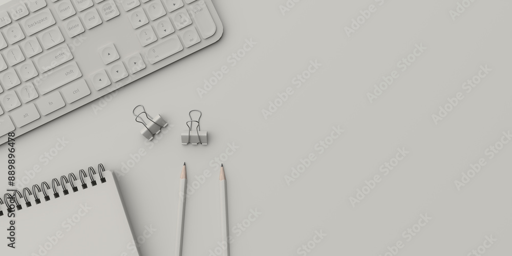 Poster office desk overhead copy space minimal background. 3d rendering