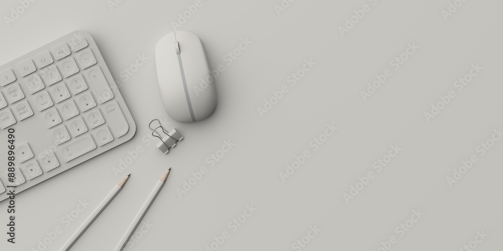 Poster office desk overhead copy space minimal background. 3d rendering