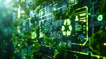Hyper-realistic depiction of a collection of smart systems and recycling symbols representing innovative green technologies detailed and vibrant highlighting sustainability