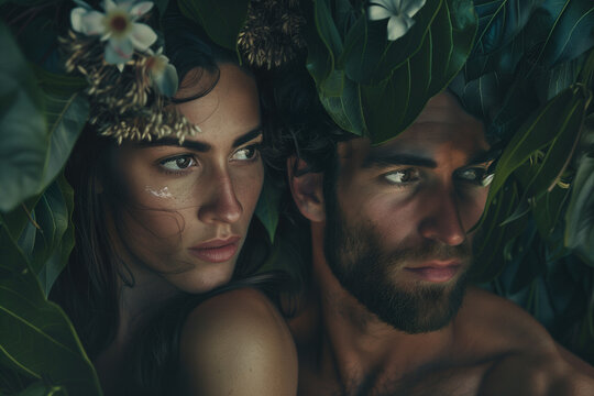 Adam and Eve depicted among leaves in the divine landscape of the Christian Paradise