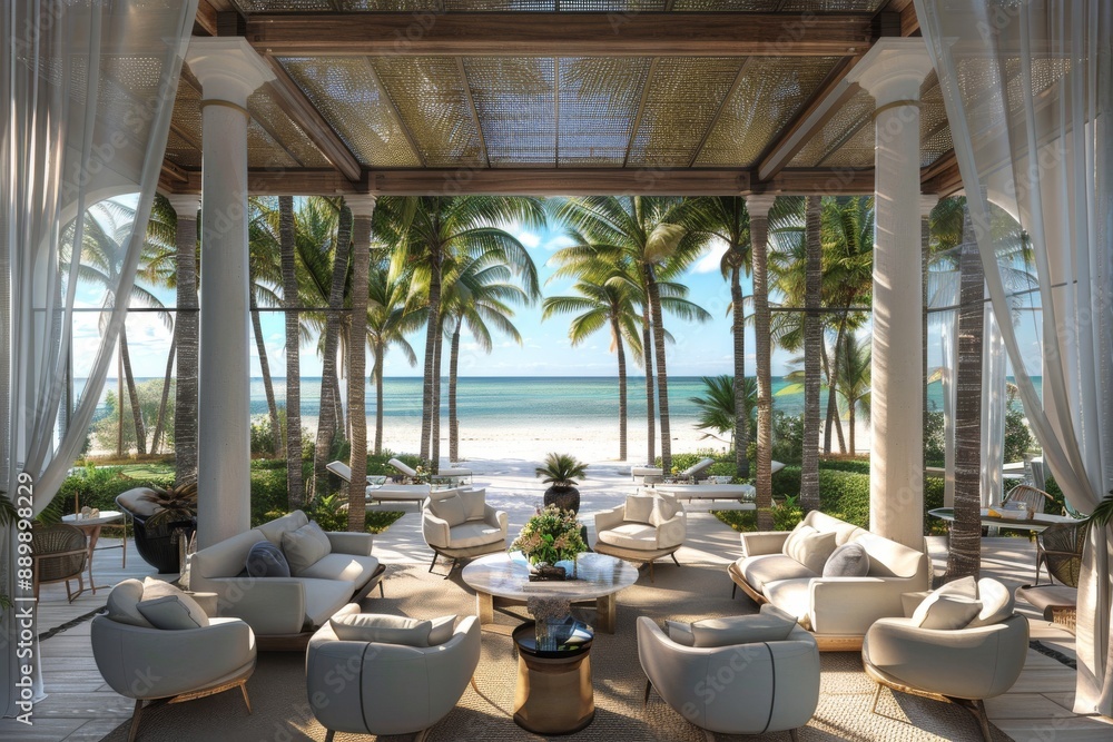 Poster luxurious beachfront dining area with palm trees and ocean view capturing elegance and tranquility i