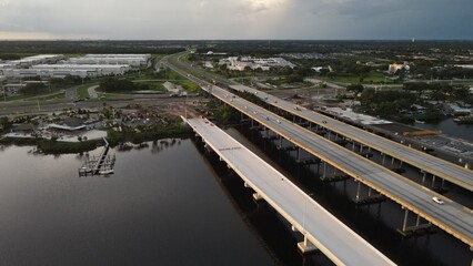 aerial view of the Southbound traffic side of the bypass bridge over the Manatee River, Bradenton,...