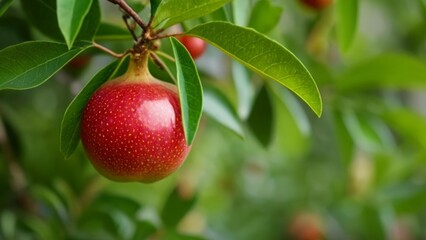  Bright red fruit fresh and ripe hanging from a tree branch
