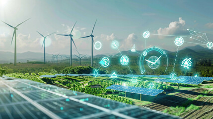 Photorealistic depiction of SDGs with environmental technology featuring solar panels and wind turbines clean energy icons clear skies detailed and realistic