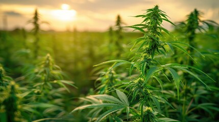 Cannabis Plants in a Field at Sunset